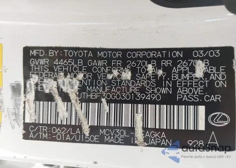 2003 Lexus Es 300 from USA, damaged, VIN JTHBF30G030139490